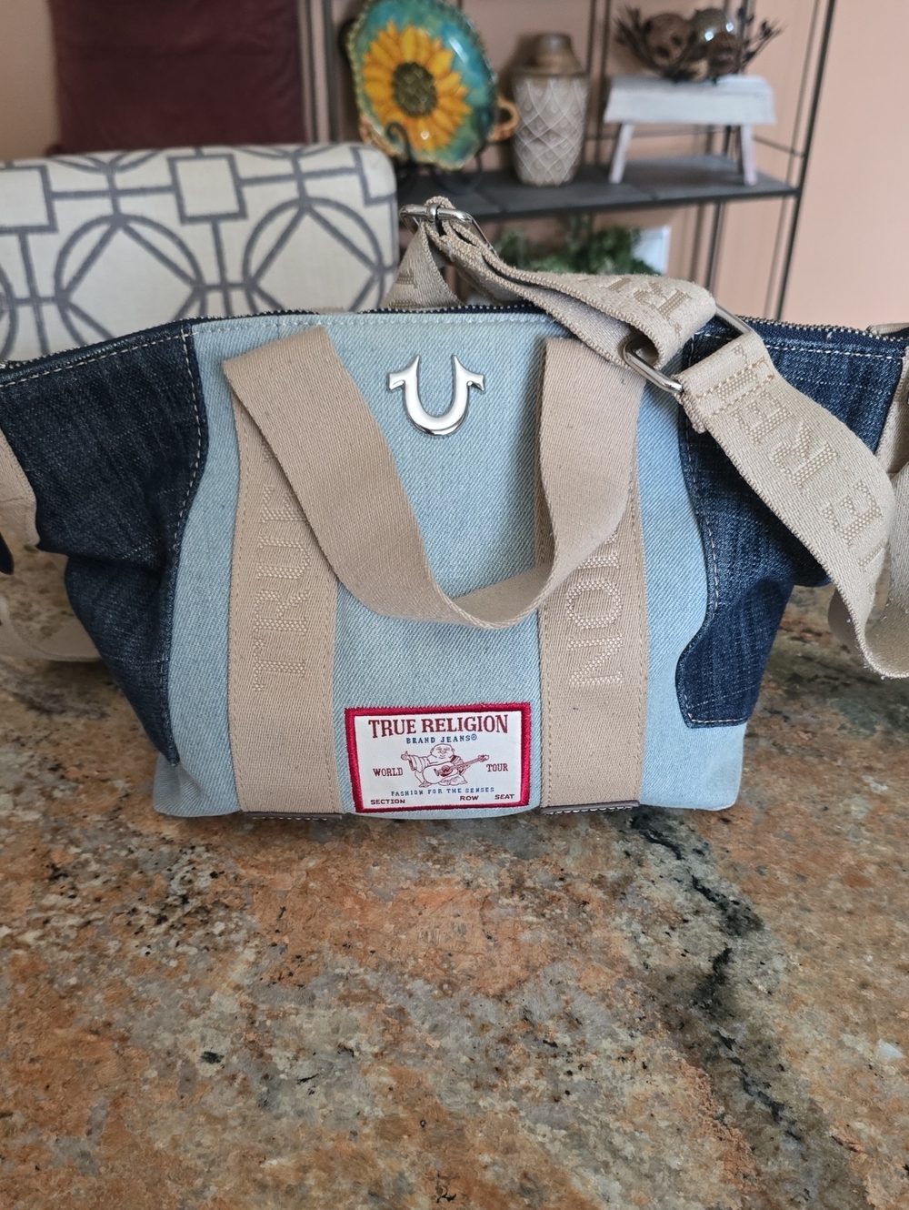 True Religion Two-Tone Denim Messenger Shoulder Bag Purse in Light Blue and Tan
